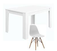 Mobelcenter, Conjunto Mesa Comedor Kendra y Juego de 4 Sillas, Mesa de Salón Extensible, Acabados en Blanco Brillo, Sillas Acabado Color Blanco y Patas de Madera en Haya (P0023)
