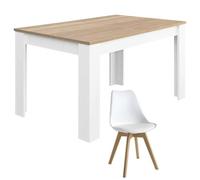 Mobelcenter, Conjunto Mesa Comedor Kendra y Juego de 4 Sillas, Mesa de Salón Extensible, Acabados en Blanco Artik y Roble Canadian, Sillas Acabado Color Blanco y Patas de Madera en Haya (P0031)