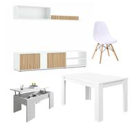 Mobelcenter, Conjunto Salón Ecco, Incluye Mueble y Mesa de Salón, Mesa de Centro y 4 Sillas, Acabado Color Blanco y Natur (P0003)