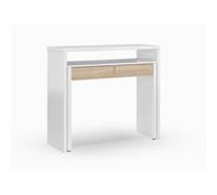 Habitdesign Mesa Escritorio Extensible, Mesa Estudio, Consola, Color Blanco Artik y Roble Canadian, Medidas: 98,5 cm (Largo) x 36-70 cm (Fondo) x 87,5 cm (Alto)