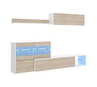 Mobelcenter, Mueble de Salón Reversible, Módulo TV y Vitrina, Módulo Superior y Estante, Color Blanco Brillo y Roble Natural, Medidas: Ancho: 233-260cm x Alto: 86cm x Fondo: 41-118cm (1207)