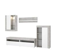 Mobelcenter - Mueble de Salón Tokio - Módulo TV, Módulo con estantes, Módulo Superior y Estante - Acabado en Color Cemento y Blanco - Medidas: Ancho: 254 cm x Alto: 112 cm x Fondo: 42 cm - (1200)