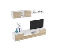 MOBELCENTER - Mueble salón Moderno Belus - Módulo TV, Módulo Superior y Estante - Blanco Brillo y Roble Canadian - 200 cm x 46 cm x 41 cm - (1086)