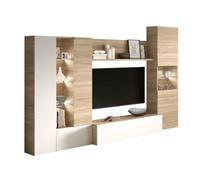 MOBELCENTER - Mueble Salón - Módulo TV, Módulo Vertical y Vitrina con Leds - Color Roble Canadian y Blanco Brillo - 260 cm x 42 cm x 185 cm - (0735)