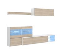 MOBELCENTER - Mueble Salón Reversible, Módulo TV, Superior y Estante Vitrina - Blanco Brillo y Roble Natural - 233-260cm x 86cm x 41-118cm (1207)
