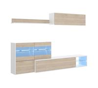 MOBELCENTER - Mueble Salón Reversible, Módulo TV, Superior y Estante Vitrina - Blanco Brillo y Roble Natural - 233-260cm x 86cm x 41-118cm (1207)
