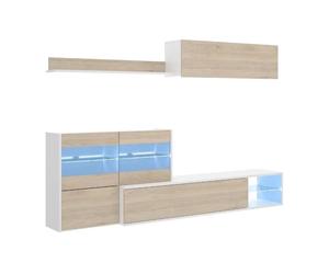 MOBELCENTER - Mueble Salón Reversible, Módulo TV, Superior y Estante Vitrina - Blanco Brillo y Roble Natural - 233-260cm x 86cm x 41-118cm (1207)