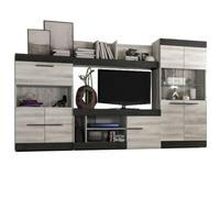 Mobelcenter, Mueble Salón Sidney 10, Mueble TV salón más Aparador, Vitrina y Estante, Mueble Comedor Color Coral y Ebony, Medidas: 295 cm Ancho x 171 cm Alto x 40 cm Fondo (0922)