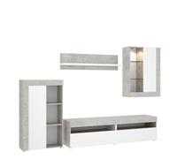 MOBELCENTER - Mueble Salón Tokio - Módulo TV, Módulo con estantes, Módulo Superior y Estante - Cemento y Blanco - 254 cm x 112 cm x 42 cm - (1200)