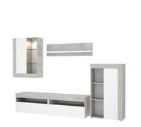 MOBELCENTER - Mueble Salón Tokio - Módulo TV, Módulo con estantes, Módulo Superior y Estante - Cemento y Blanco - 254 cm x 112 cm x 42 cm - (1200)