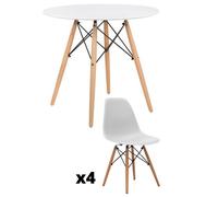 MOBELCENTER - Pack Mesa Redonda y 4 Sillas Dinamarca, Color Blanco y Haya, Mesa: 80 cm de diámetro y 72 cm de Alto, Silla: 46cm x 42cm x 72cm (P0014)