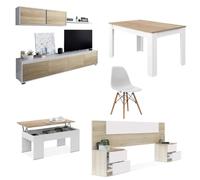 Mobelcenter, Piso Completo Mediterráneo, Incluye Mueble y Mesa de Salón, Mesa de Centro, Cabezal y 2 Mesitas y 4 Sillas, Acabado Roble Canadian y Blanco Artik (P0057)