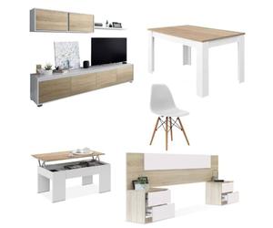 Mobelcenter, Piso Completo Mediterráneo, Incluye Mueble y Mesa de Salón, Mesa de Centro, Cabezal y 2 Mesitas y 4 Sillas, Acabado Roble Canadian y Blanco Artik (P0057)