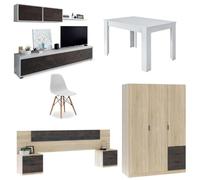 Mobelcenter, Piso Completo Oxido, Incluye Mueble y Mesa de Salón, Cabezal y 2 Mesitas, Armario Matrimonio y 4 Sillas, Acabado Color Blanco Artik y Roble Canadian y Oxido (P0019)
