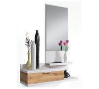 Habitdesign - Mueble Recibidor con Cajón, Espejo y 2 Baldas, Mueble de Entrada, Color Blanco Artik y Roble Nodi, 81x116x29 cm - Modelo Dahlia