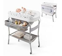 Mobiclinic®, Cambiador de bebés con bañera 2 en 1, Trendy, Ajustable 4 alturas, Termómetro, Ruedas freno, Cesta almacenamiento, Hasta 50 kg, Tubo desagüe, 0-36 meses