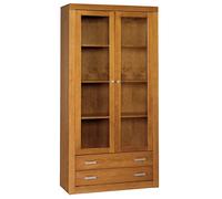 Moblit Vitrina Libreria de Dos Puertas Y Dos Cajones Realizada en Madera de Pino Maciza Serie Kalpa Color Cerezo Medidas (200X100X37) cm (Alto-Ancho-Fondo) Robusta Y Duradera