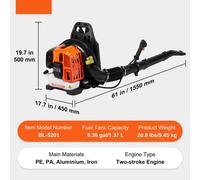 Mochila sopladora de hojas - 52cc - 2 tiempos - 480 CFM - Volumen de aire - Velocidad de 300 km/h - 6500 rpm