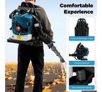 Mochila sopladora de hojas, motor de 75.6 cc, 2.6 kW de potencia, depósito de 1.9 litros. Potente limpiadora para jardines y calles