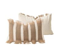 MOCOFO Wabi-Sabi Funda de cojín a rayas, hecha a mano, de yute y algodón, con flecos, estilo bohemio, granja, 45 x 45 cm y 30 x 50 cm, color negro y natural (blanco/natural, 30 x 50 cm)