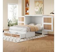 MODENVIE Cama vertical de pared de 140 x 200 cm con somier, cama plegable de pared para ahorrar espacio, cama Murphy de madera en diseño de ratán, con cajones de almacenamiento y función de cama