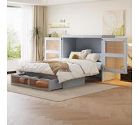 MODENVIE Cama vertical de pared de 140 x 200 cm con somier, cama plegable de pared para ahorrar espacio, cama Murphy de madera en diseño de ratán, con cajones de almacenamiento y función de cama