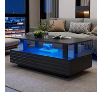 MODENVIE Mesa de centro con LED, mesa de salón, mesa de sofá, color negro | Moderna mesa LED con 2 cajones, compartimento abierto, elemento acrílico y aplicación y mando a distancia