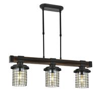 Modern Industrial Chandelier, Black & Oak, 70 cm Height x 75 cm Width x 15 cm Depth | Metal Body, Glass Cap, 3 x E27 Max 40W | Stylish Lighting for Home