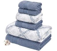 Modern Threads Capri - Juego de 6 Toallas Reversibles de Jacquard teñidas, Toallas de baño, Toallas de Mano y paños de baño, súper absorbentes y de Secado rápido, 100% algodón Peinado, Mezclilla