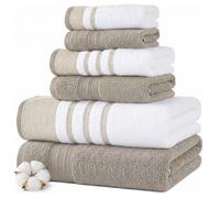 Modern Threads Juego de 6 Piezas, 2 Toallas de baño, 2 Toallas de Mano, 2 Toallas faciales, Secado rápido, Blanco/Contraste Reinhart Tan