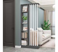 Moderna columna separadora de habitación independiente para sala de estar, separador de privacidad de madera con estantes, elegante partición gris para entrada y separación de espacios.