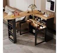 Moderna mesa de bar con tira de luz LED de 1 m de largo, mesa alta extensible, mesa giratoria con espacio de almacenamiento y frontal de cristal, mesa de bar estilo buffet con estantería de 3 niveles