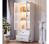 Moderna vitrina LED blanca mate, alta con conector USB, mando a distancia de 16 colores, vitrina de cristal con 2 cajones, vitrina vertical con estantes ajustables, vitrina con puertas batientes, sala
