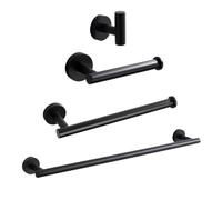 Moderno juego de accesorios de baño de 4 piezas, color negro, kit de accesorios de montaje en pared con toallero, soporte para papel higiénico y gancho para bata para decoración elegante del hogar