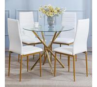 Moderno juego de comedor de 5 piezas con patas doradas, mesa redonda de cristal y sillas de piel sintética, ideal para el hogar, cocina, apartamento, restaurante, espacios pequeños, asientos de 4