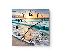 Moderno Reloj de Pared 30x30cm Cuadrado Decorativo Paisajes Marino - 3621 | Mar Ola Playa Reloj de Vidrio Analógico Silencioso Decoración de Pared Sin Tic Tac Cocina Salón Oficina Dormitorio ARTTOR