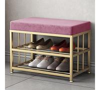 Moderno taburete reposapiés de terciopelo con marco de metal dorado, cómodo banco acolchado para zapatos para entrada o pasillo, elegante reposapiés tapizado en color rosa, 80 x 35 x 45 cm