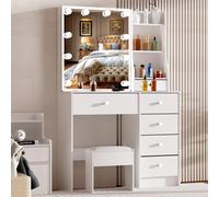 Moderno Tocador Blanco con Espejo LED, 6 Cajones de Almacenamiento y Taburete Confortable, Set de Tocador para Dormitorio BLANCO
