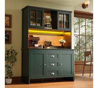 MODFU: Armario de cocina / vitrina alta con iluminación LED y puertas de vidrio marrón, mueble de almacenamiento con 3 cajones y estantes abiertos, ideal para la cocina o el salón, color verde