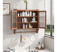 MODFU, armario de pared vintage, vitrina colgante con puertas de cristal y 3 estantes, armario con soporte para toallas para baño y cocina, color marrón