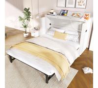 MODFU, cama abatible de 140x200 cm, cama doble con cajones, cama con armario, puertos USB y Type-C, plataforma ajustable, tejido de lino, sin colchón, color beige