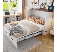 MODFU, cama abatible de 140x200 cm con función extensible, cama con armario, enchufe y estructura de metal, cama mural con espacio de almacenamiento, sin colchón, color blanco