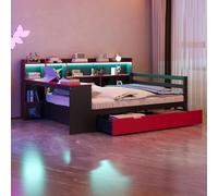 MODFU Cama abatible de 140x200, estructura de madera con iluminación integrada y cajones. Cama individual con escritorio y cajones. Marco de cama con compartimentos de almacenamiento y estantes. Sin c