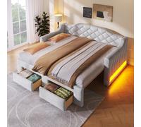MODFU, cama abatible de 90/180 x 200 cm con espacio de almacenamiento y luces LED, cama infantil tapizada con 2 cajones, ideal para habitaciones infantiles, sin colchón, color gris