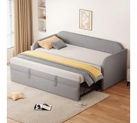 MODFU, cama abatible de 90/180x190 cm con somier de láminas, cama de madera, cama para el día, cama infantil, tapizada en lino color gris claro (sin colchón)
