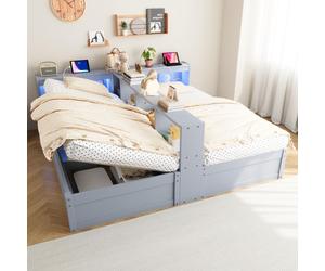 MODFU, cama abatible de 90 x 200 cm con una cama individual de 90 x 200 cm, cama infantil doble con mecanismo hidráulico, cabecero con LED y toma de corriente, cama con espacio de almacenamiento y dob