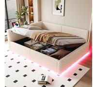 MODFU, cama abatible multifuncional de 140x200 con iluminación LED, cama de matrimonio, cama infantil con espacio de almacenamiento, cama tapizada con puertos USB y Type-C, estructura hidráulica, sin 