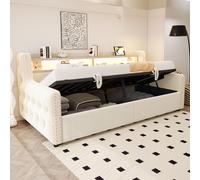 MODFU, cama abatible sin colchón, 90x200 cm. Cama tipo diván para jóvenes con iluminación LED, y cama tipo diván con cajón y puerto USB, color beige