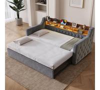 MODFU, cama de día de 90x190 con cama extraíble, sofá cama con espacio de almacenamiento, cabecero y reposabrazos de madera, cama juvenil tipo día con LED y somier, sin colchón, color gris oscuro