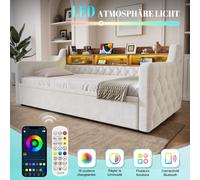 MODFU, cama de día de 90x190 con cama extraíble, sofá cama con espacio de almacenamiento, cabecero y reposabrazos de madera, cama tipo día para jóvenes con iluminación LED y somier, sin colchón, color